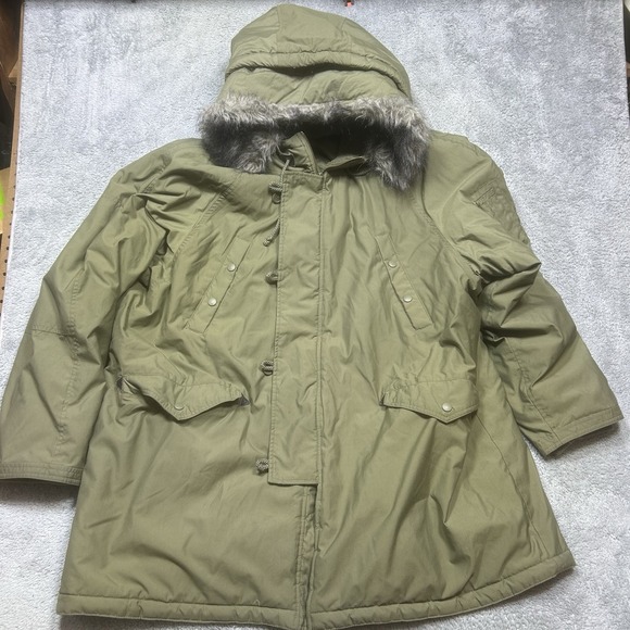 Phys. Sci Coat Men's 2XL Green Faux Feather Hood Parka Jacket Nylon *SPOTS - Picture 1 of 16
